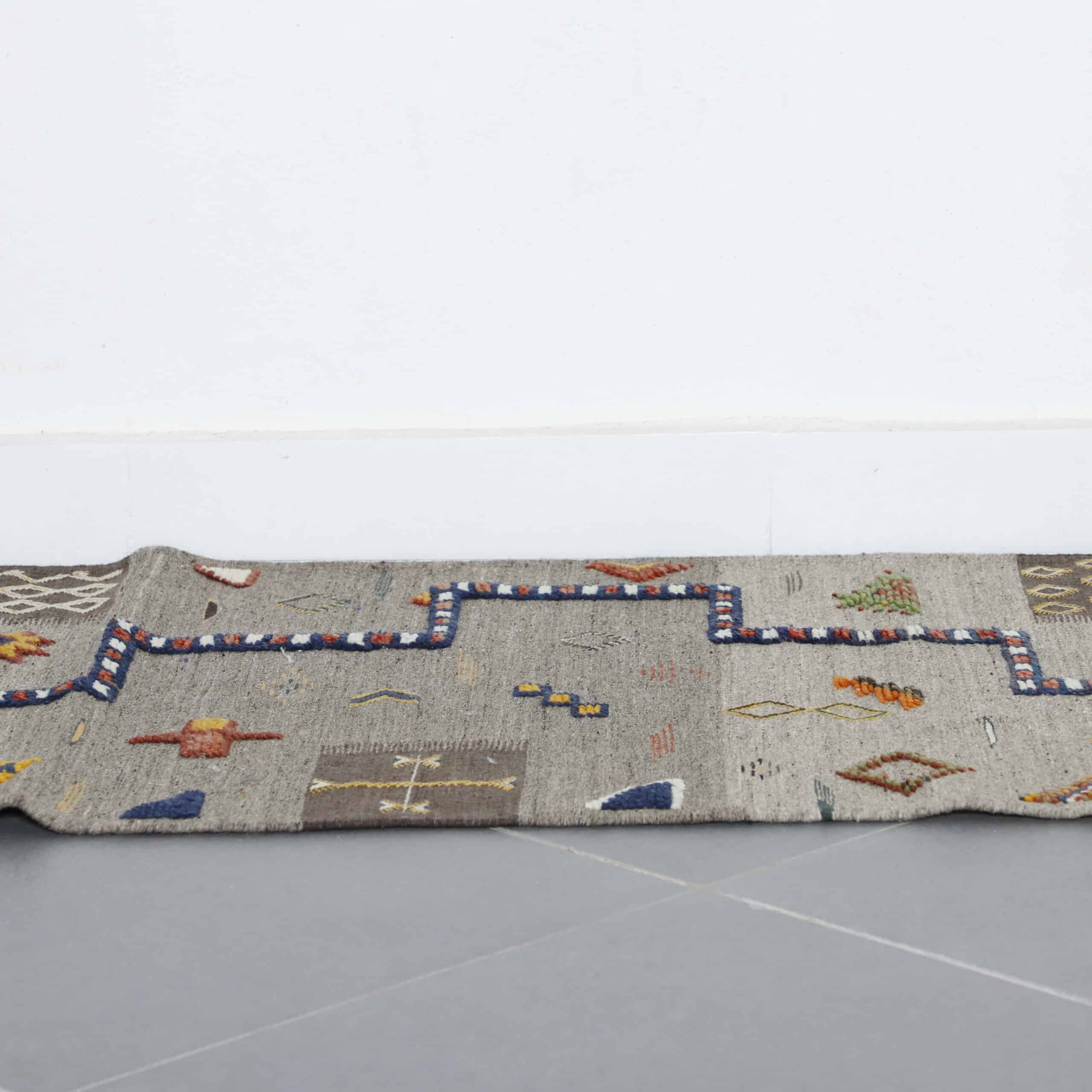 Akhenif Kilim Runner 6.7×2.3 ft – Handmade Moroccan Wool Rug in Beige and Multicolor Tribal Design
