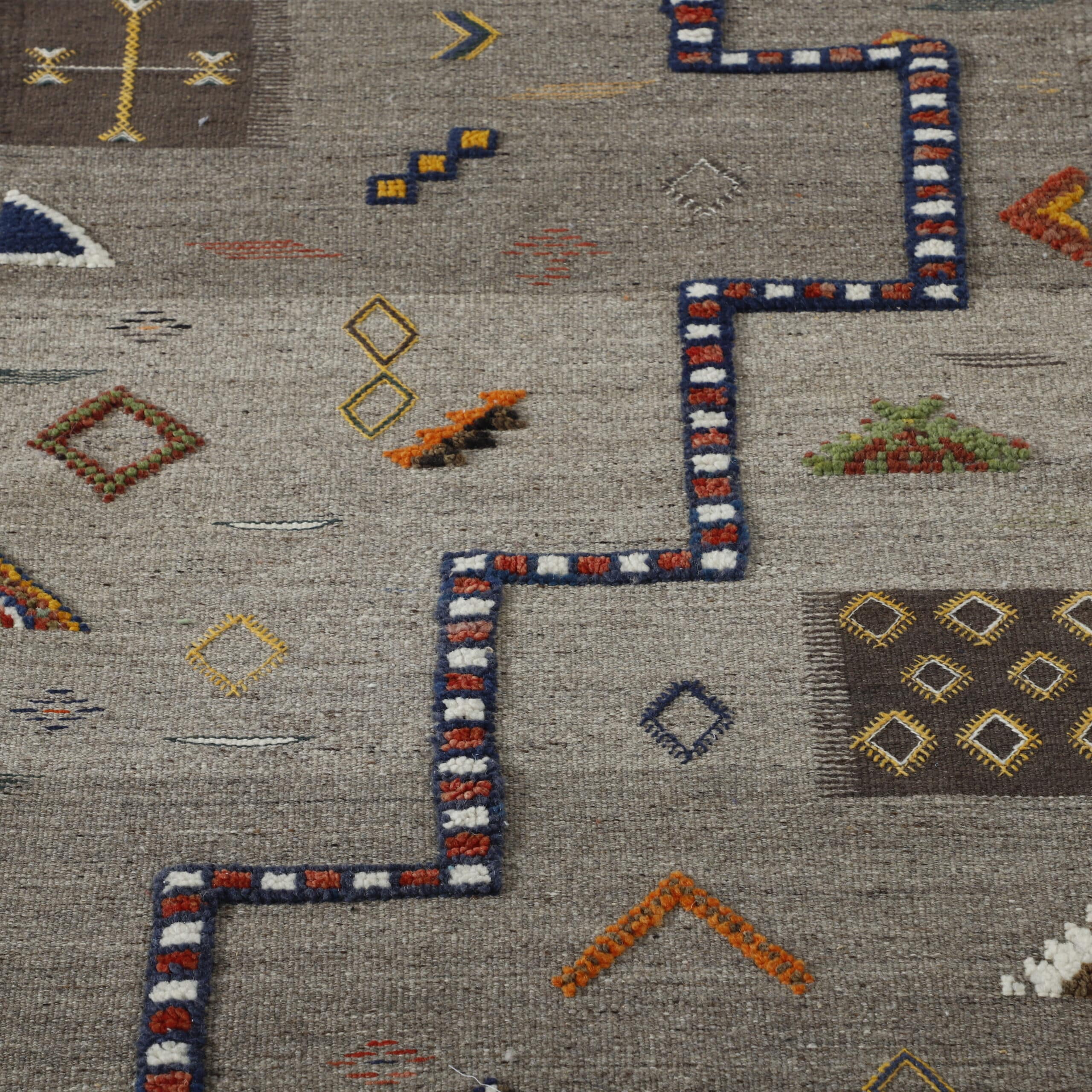 Akhenif Kilim Runner 6.7×2.3 ft – Handmade Moroccan Wool Rug in Beige and Multicolor Tribal Design