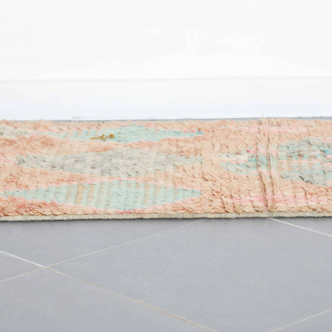 Vintage Boujaad Runner 10.2×2.6 ft – Handmade Moroccan Wool Rug in Soft Pastel Geometric Design