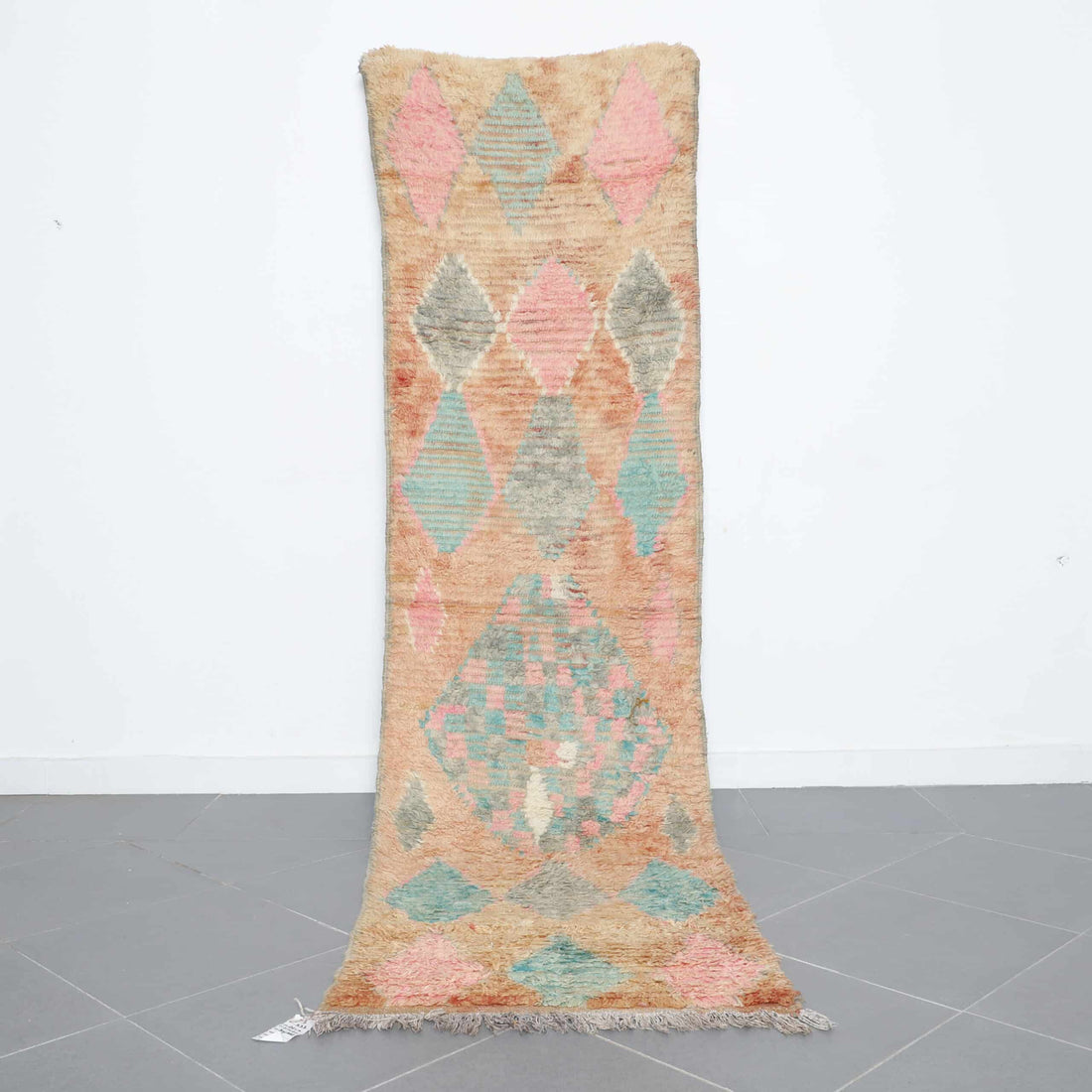Vintage Boujaad Runner 10.2×2.6 ft – Handmade Moroccan Wool Rug in Soft Pastel Geometric Design