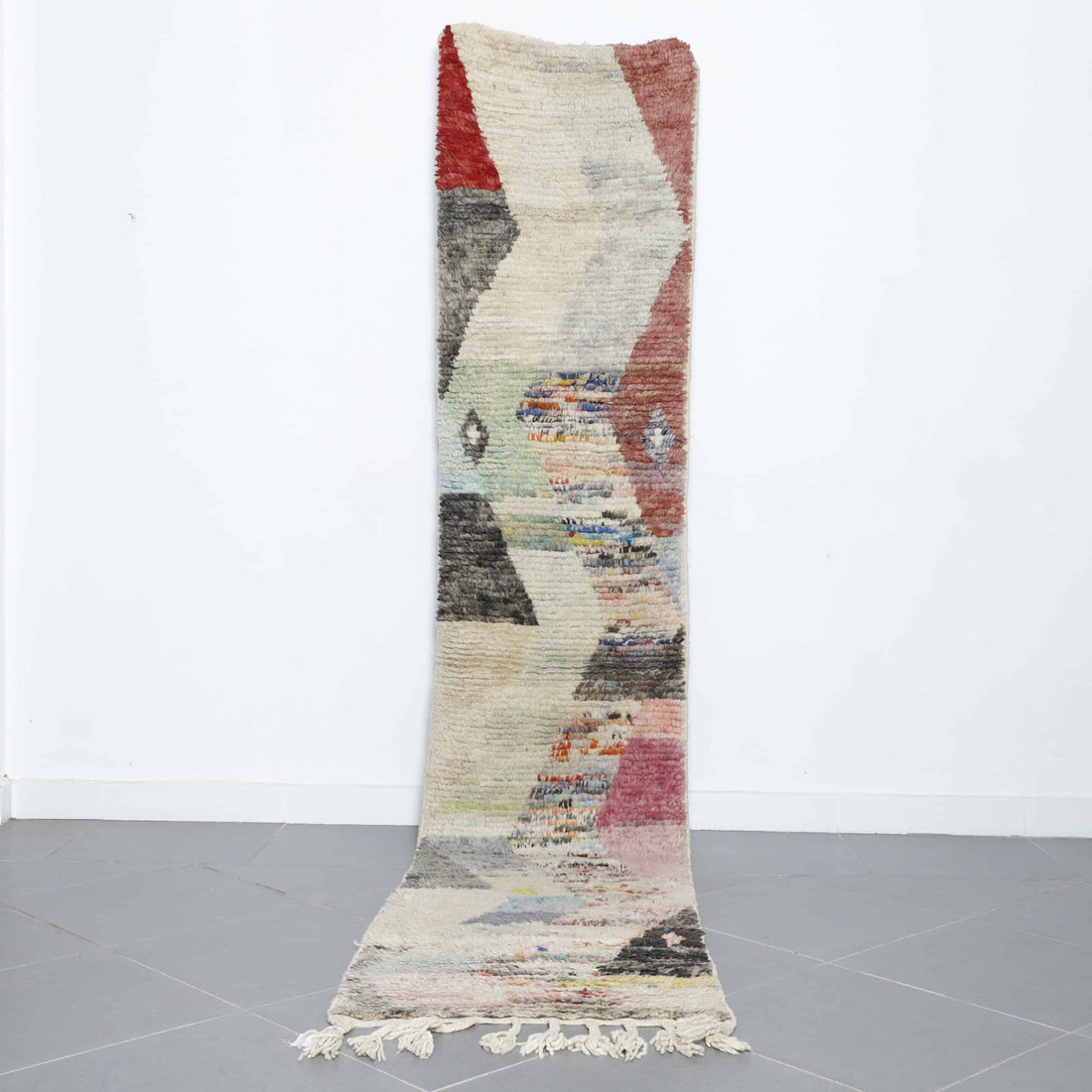 New Boujaad Rug 10.9×2.2 ft – Handmade Moroccan Wool Runner in Modern Multicolor Chevron Design