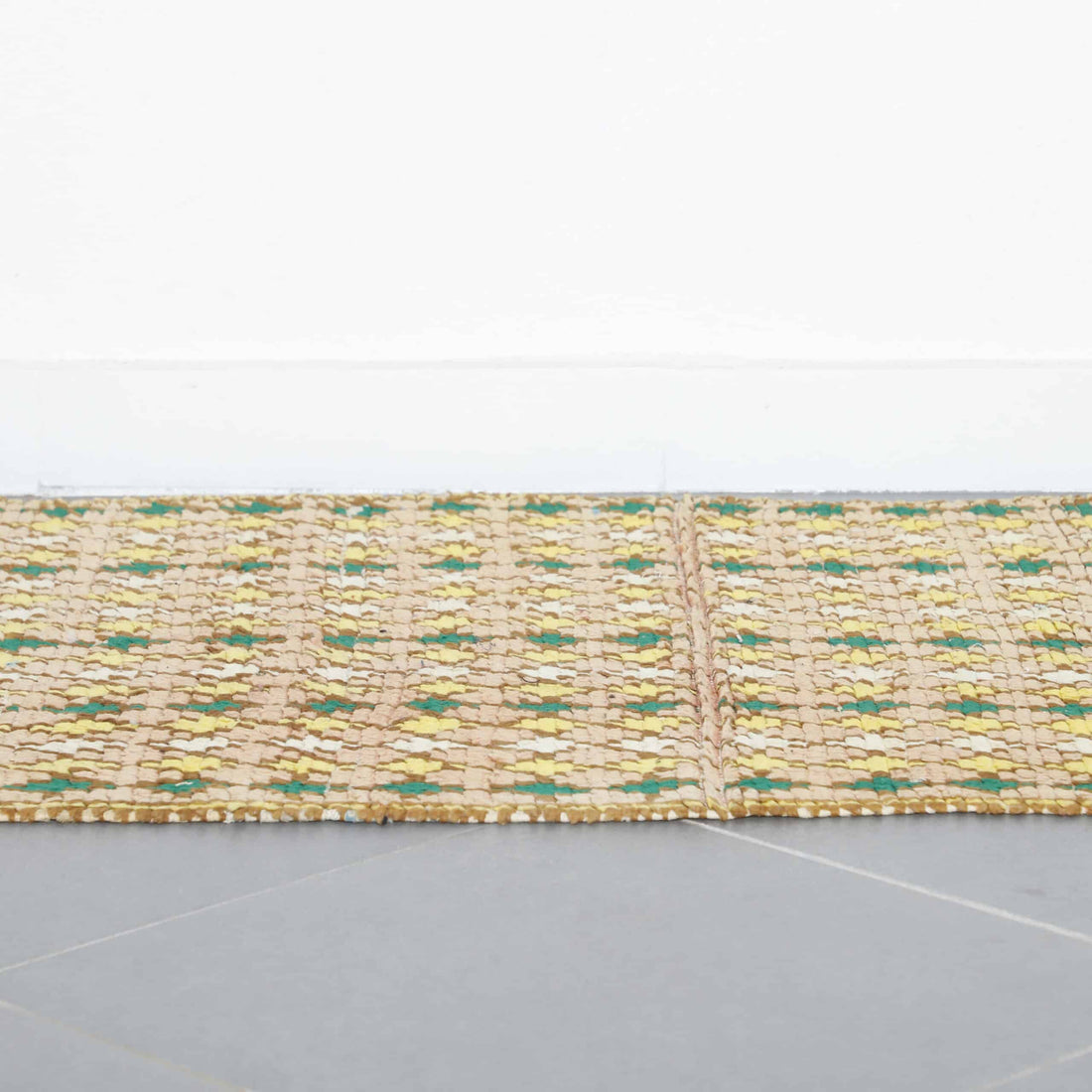 Vintage Boujaad Runner 8.2×2.8 ft – Handmade Moroccan Wool Rug in Yellow and Green Diamond Pattern