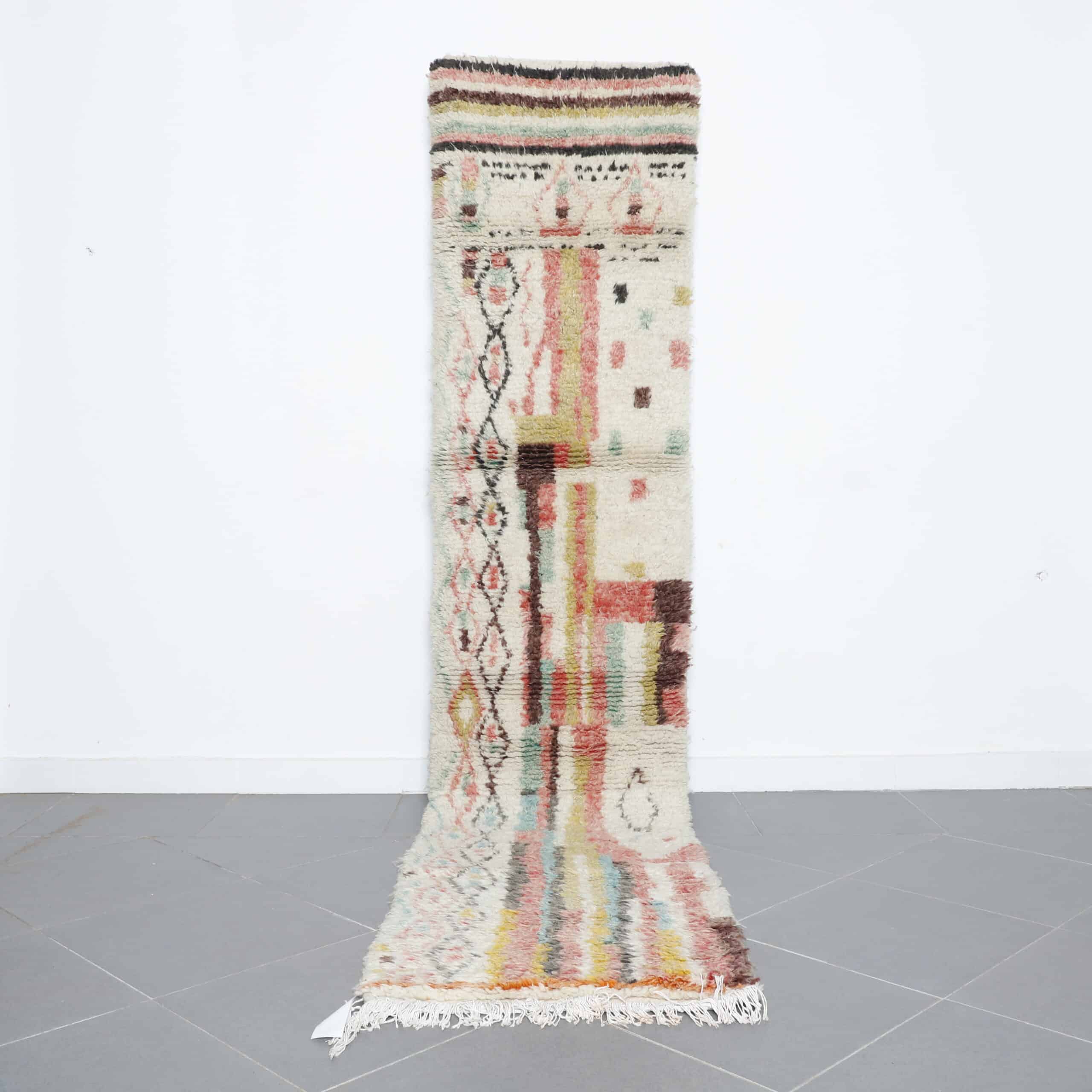 Moroccan Boujaad Rug 10.9×2.3 ft – Handmade Wool Runner with Soft Pastel Abstract Design
