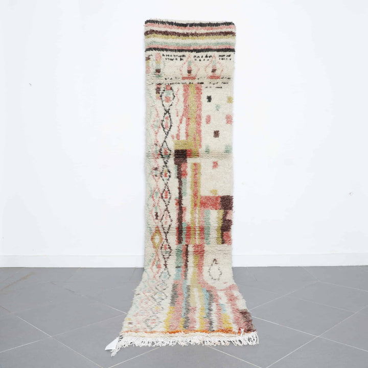 Moroccan Boujaad Rug 10.9×2.3 ft – Handmade Wool Runner with Soft Pastel Abstract Design
