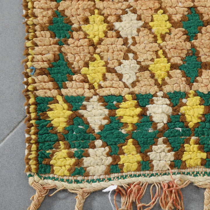 Vintage Boujaad Runner 8.2×2.8 ft – Handmade Moroccan Wool Rug in Yellow and Green Diamond Pattern