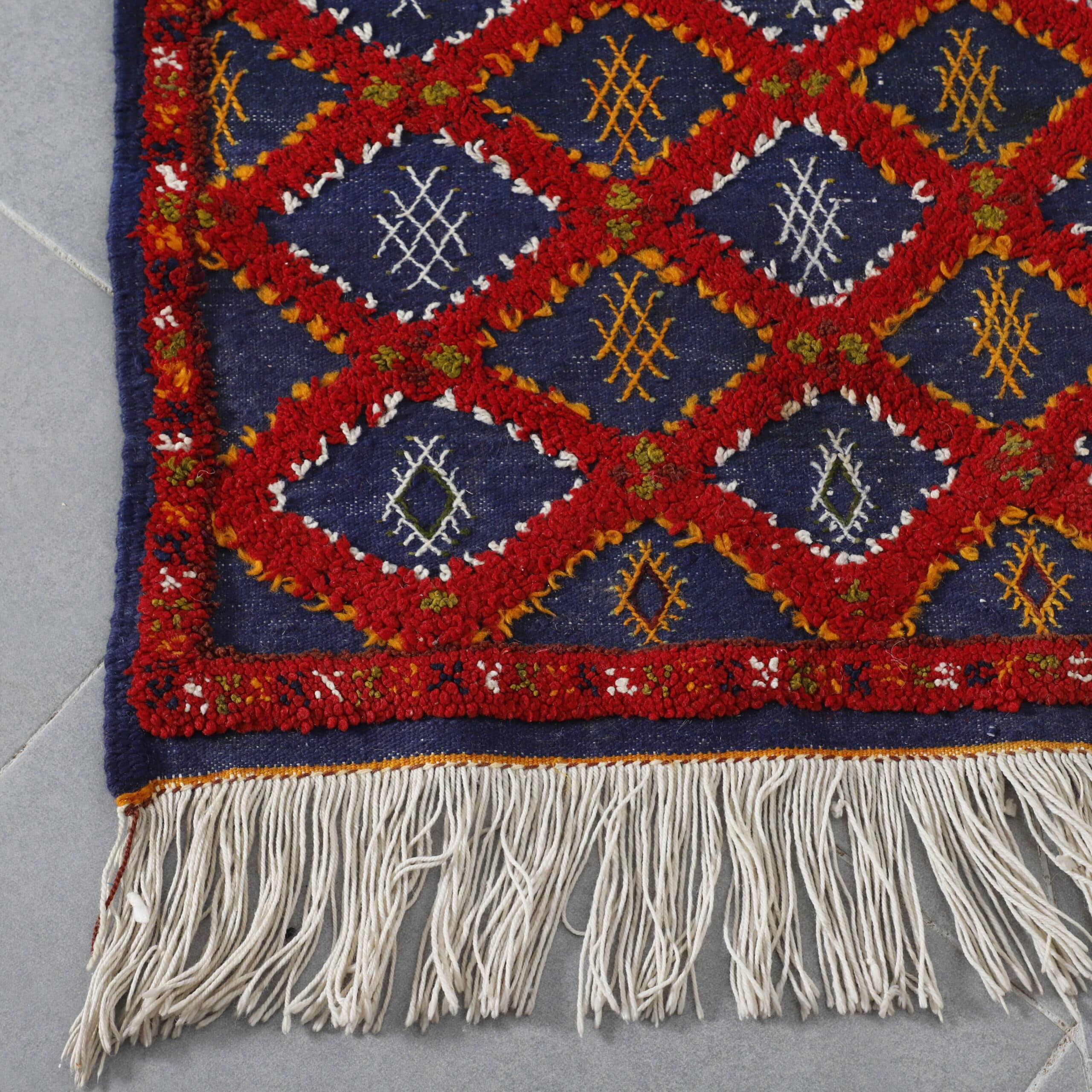 Boujaad Runner 5.4×2.4 ft – Handmade Moroccan Wool Rug in Red and Blue Diamond Pattern