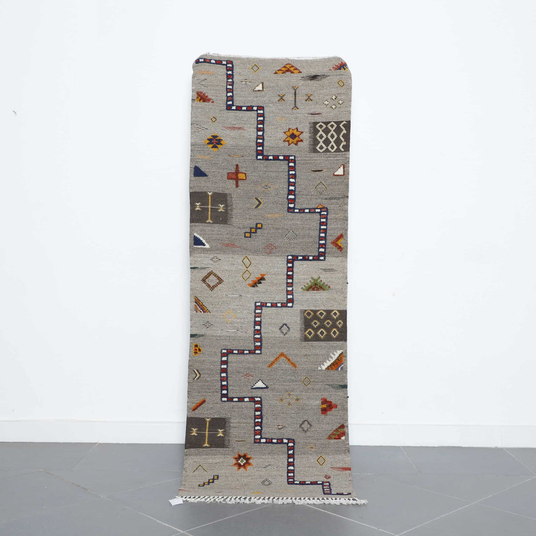 Akhenif Kilim Runner 6.7×2.3 ft – Handmade Moroccan Wool Rug in Beige and Multicolor Tribal Design