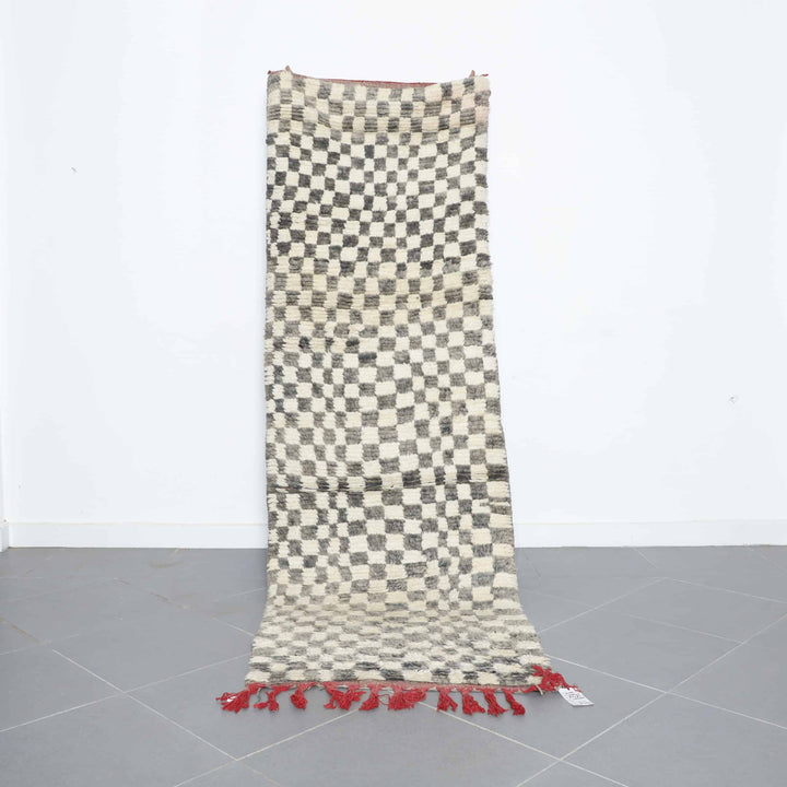 Boujaad Runner 8.9×2.9 ft – Handmade Moroccan Wool Rug in Black and White Checkered Pattern