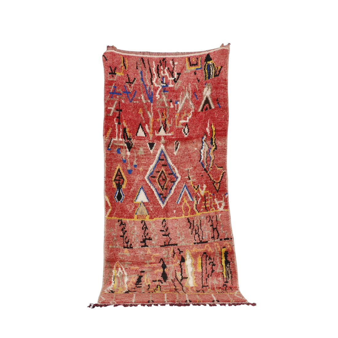 Handmade Azilal Rug 7.4×3.3 ft – Moroccan Berber Red Wool with Geometric Tribal Art