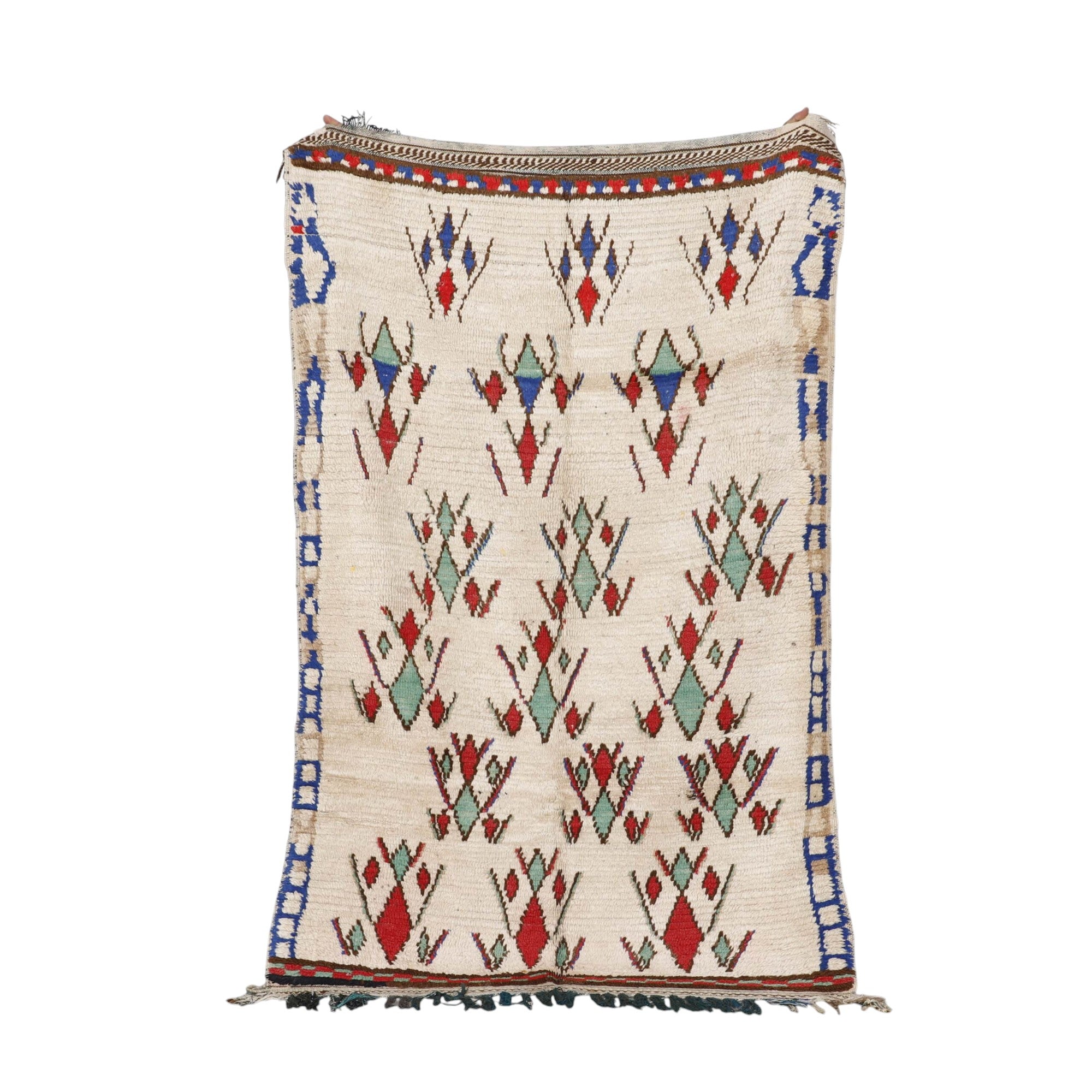 Azilal soft rug vintage 6.3×4.0 ft – Moroccan Berber Cream Wool with Red & Green Tribal Patterns