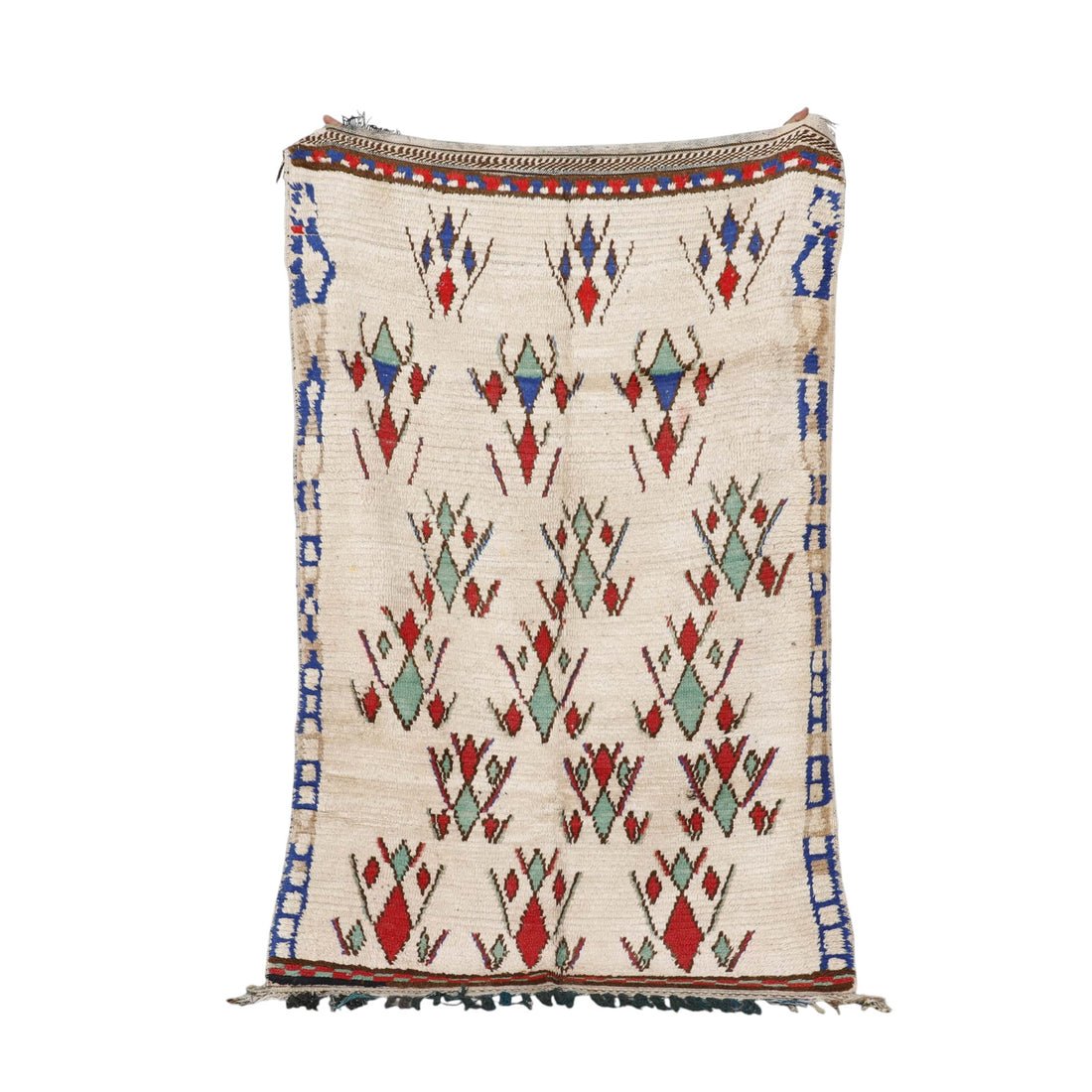 Azilal soft rug vintage 6.3×4.0 ft – Moroccan Berber Cream Wool with Red & Green Tribal Patterns