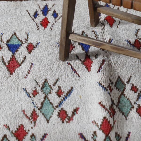 Azilal soft rug vintage 6.3×4.0 ft – Moroccan Berber Cream Wool with Red & Green Tribal Patterns