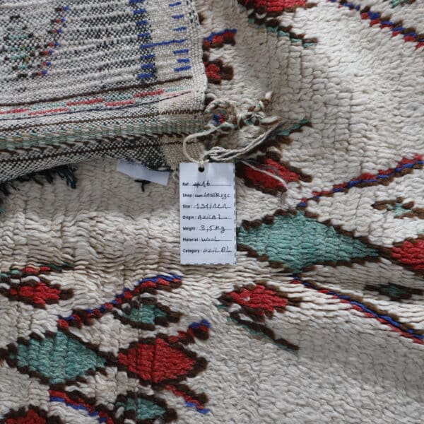 Azilal soft rug vintage 6.3×4.0 ft – Moroccan Berber Cream Wool with Red & Green Tribal Patterns