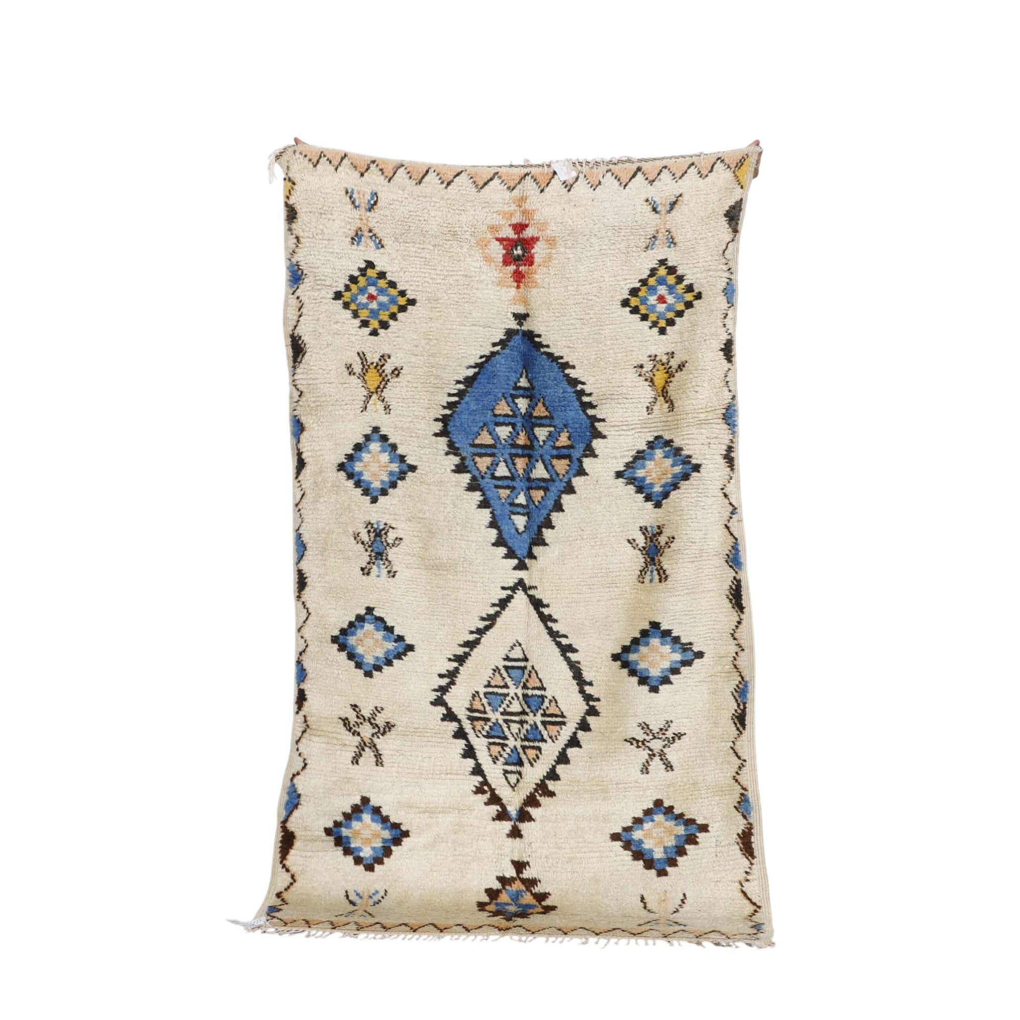Vintage Azilal Rug 7.2×4.1 ft – Moroccan Berber Wool with Blue Geometric Motifs