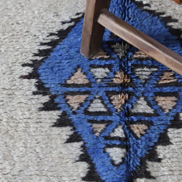 Vintage Azilal Rug 7.2×4.1 ft – Moroccan Berber Wool with Blue Geometric Motifs