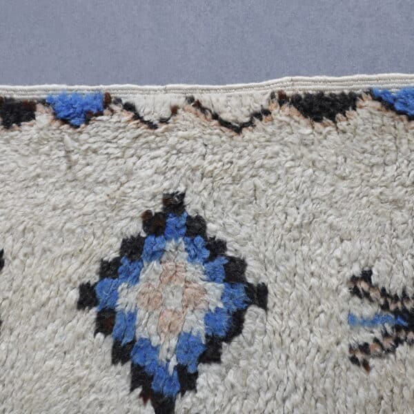 Vintage Azilal Rug 7.2×4.1 ft – Moroccan Berber Wool with Blue Geometric Motifs