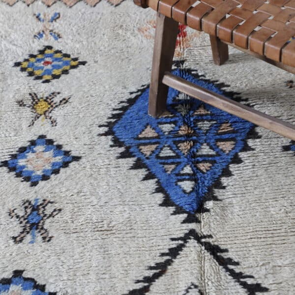 Vintage Azilal Rug 7.2×4.1 ft – Moroccan Berber Wool with Blue Geometric Motifs