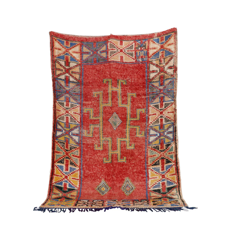 Azilal Rug Red 7.5×5.0 ft – Moroccan Berber Wool with Geometric Borders