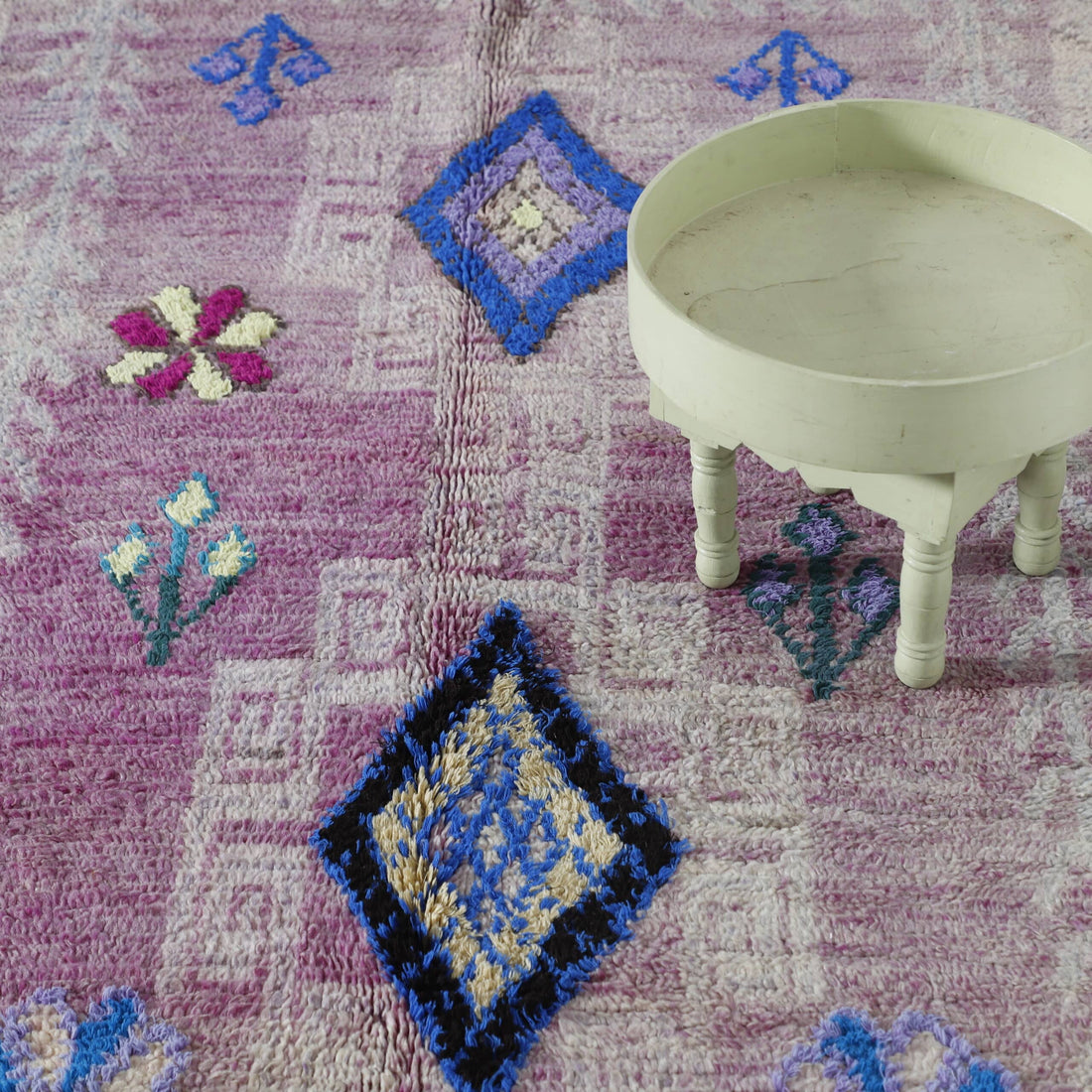 Vintage Boujaad Rug 12.1×4.4 ft – Moroccan Wool in Pink & Blue Geometric Design