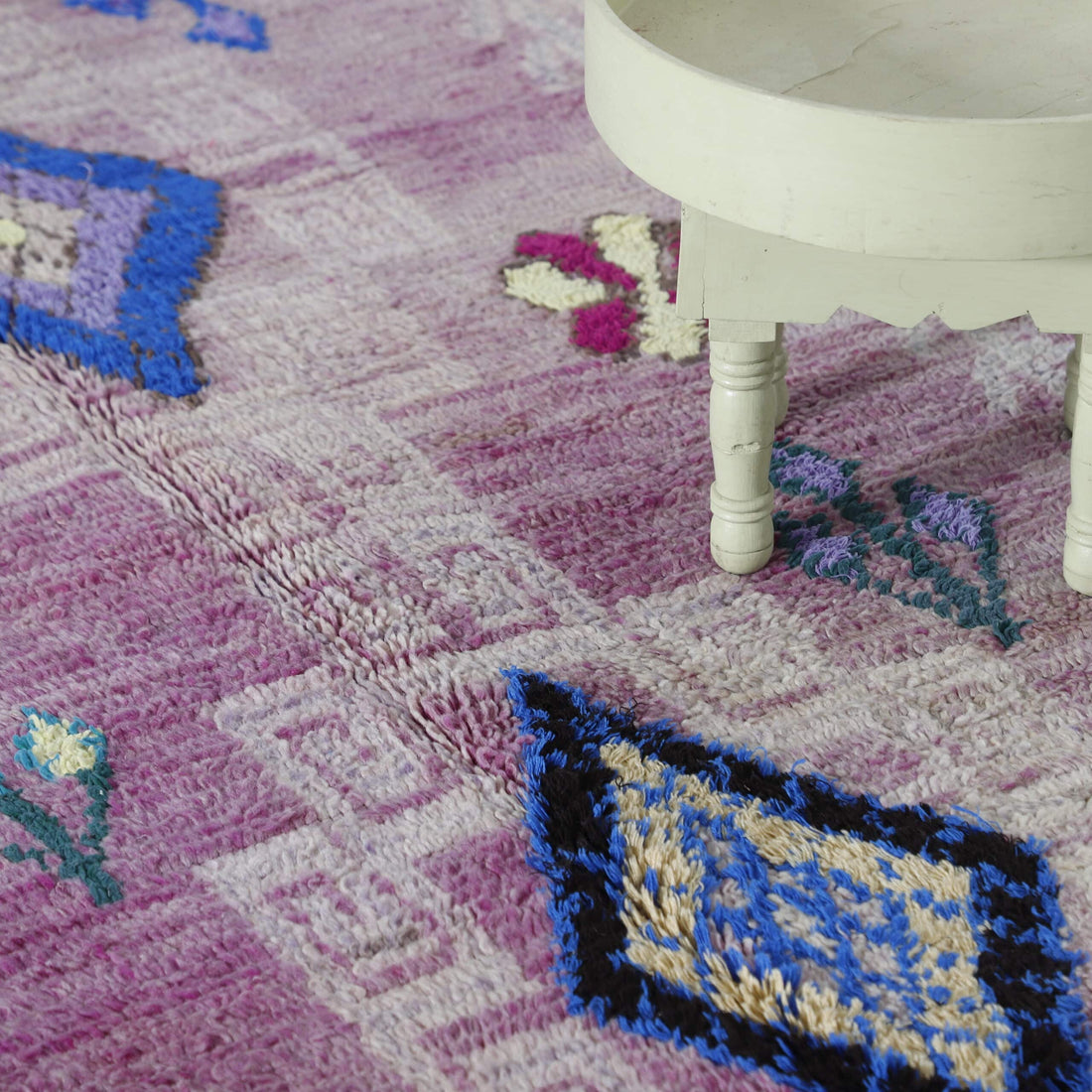 Vintage Boujaad Rug 12.1×4.4 ft – Moroccan Wool in Pink & Blue Geometric Design
