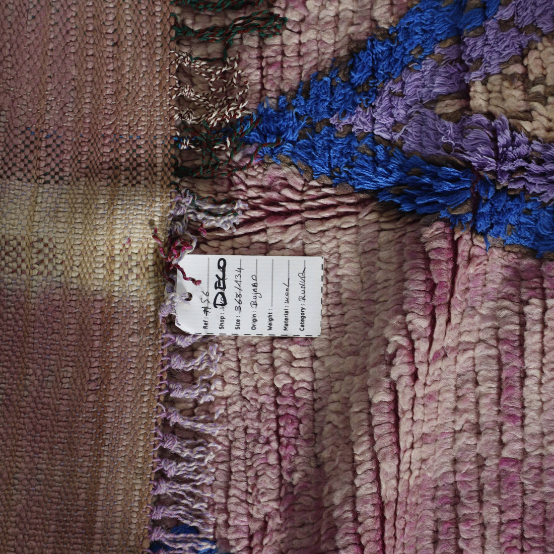 Vintage Boujaad Rug 12.1×4.4 ft – Moroccan Wool in Pink & Blue Geometric Design
