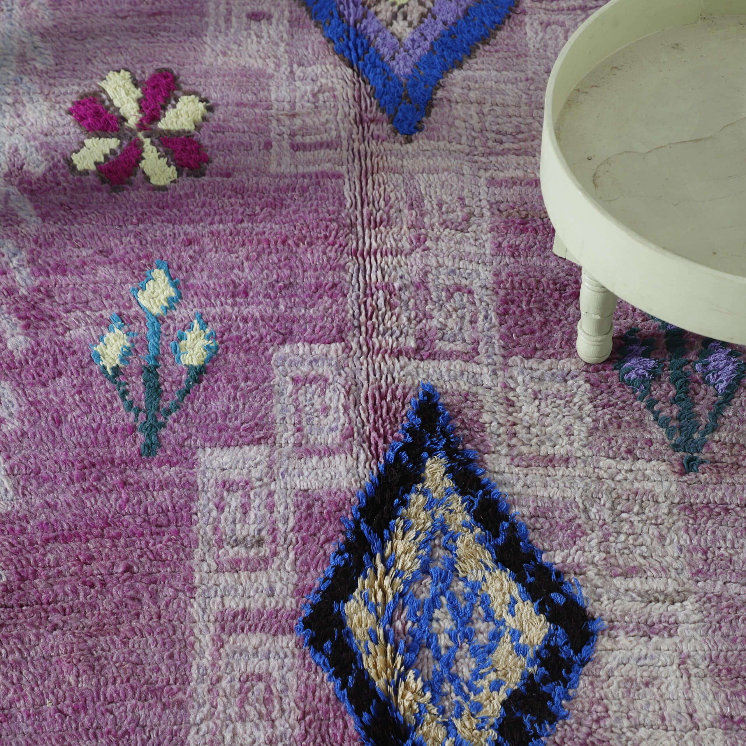 Vintage Boujaad Rug 12.1×4.4 ft – Moroccan Wool in Pink & Blue Geometric Design