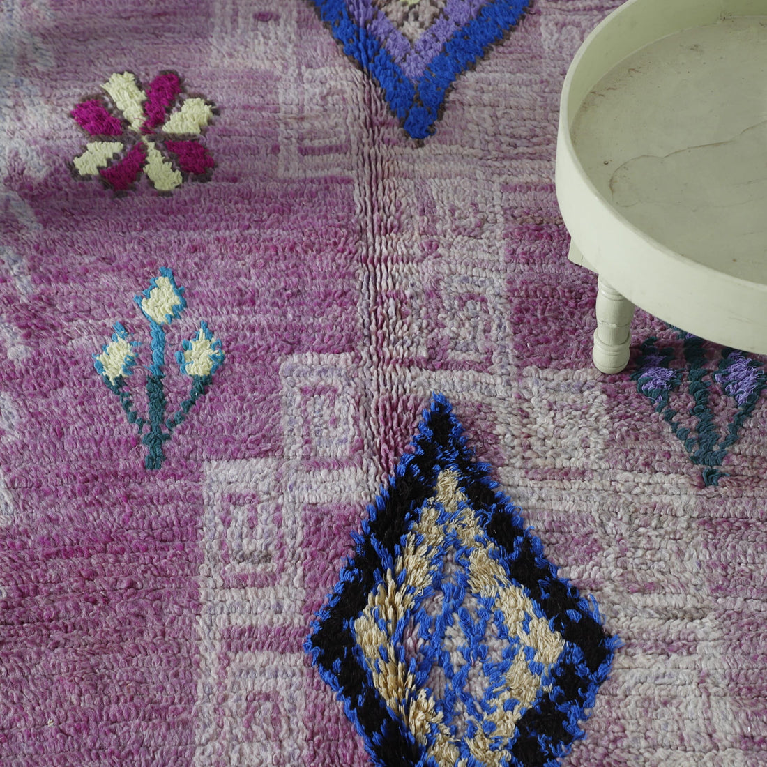 Vintage Boujaad Rug 12.1×4.4 ft – Moroccan Wool in Pink & Blue Geometric Design