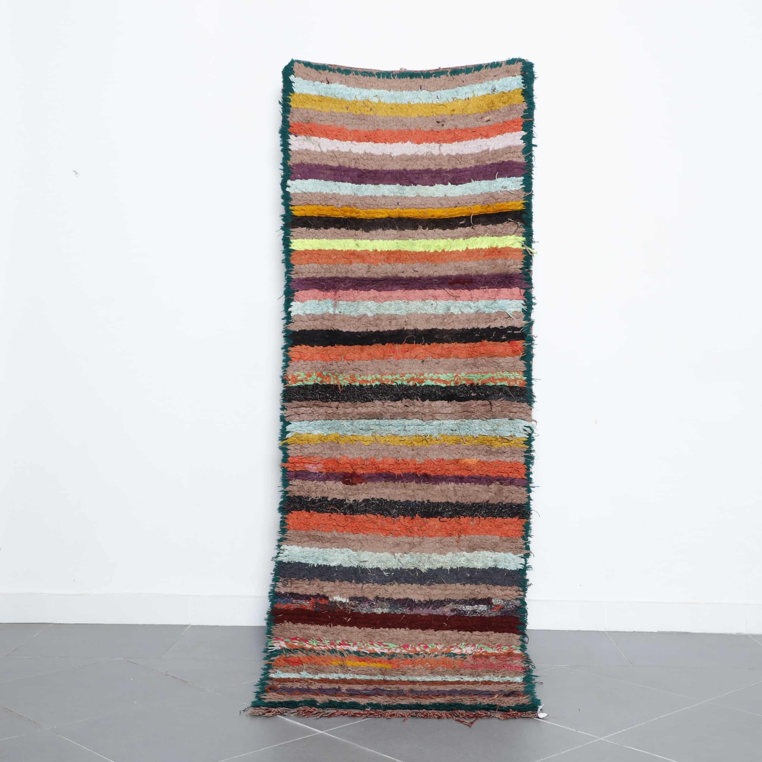 Boucherouite Rug 7.9×2.7 ft – Handmade Moroccan Striped Rug with Colorful Wool Design