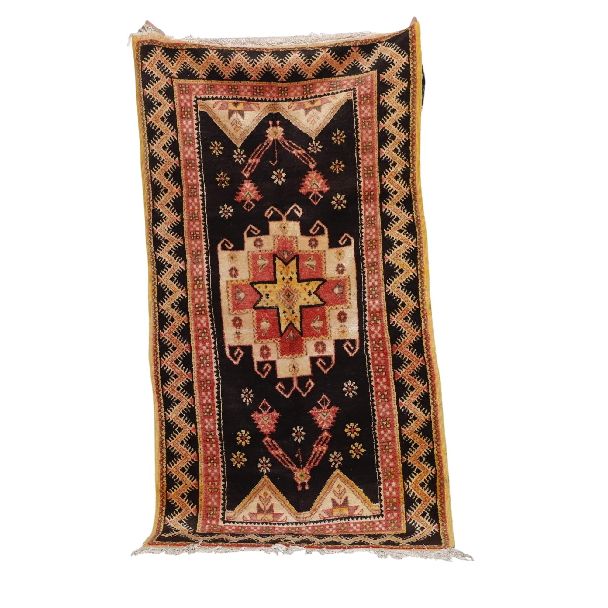 Dark-Tone Moroccan Taznakht Vintage Rug 6.6×3.4 ft – Hand-Knot Wool, Tribal Medallion Design