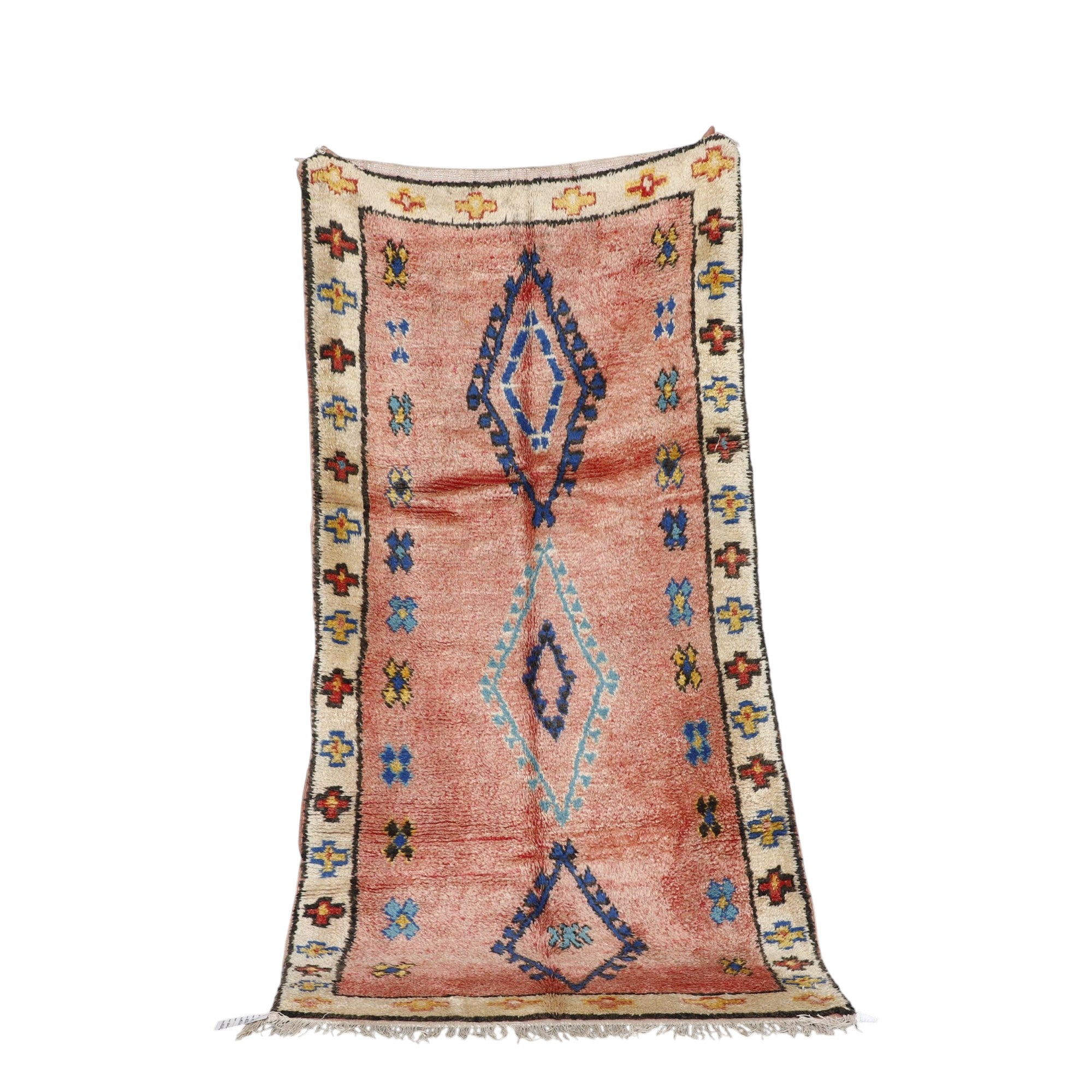 Handmade Azilal Rug 7.7×3.5 ft – Moroccan Berber Pink Wool with Blue Diamond Design