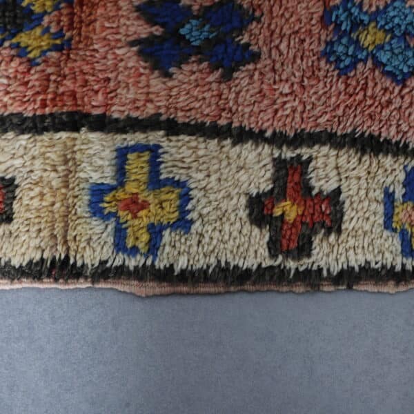 Handmade Azilal Rug 7.7×3.5 ft – Moroccan Berber Pink Wool with Blue Diamond Design