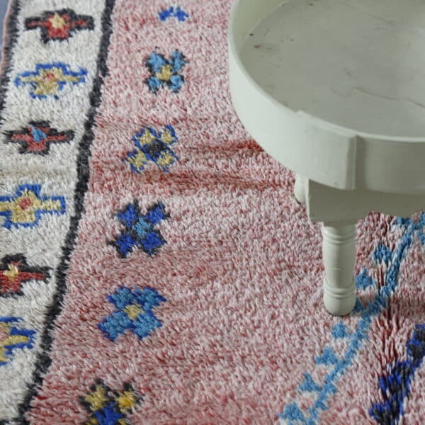 Handmade Azilal Rug 7.7×3.5 ft – Moroccan Berber Pink Wool with Blue Diamond Design