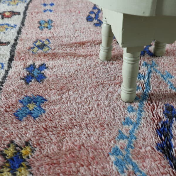 Handmade Azilal Rug 7.7×3.5 ft – Moroccan Berber Pink Wool with Blue Diamond Design