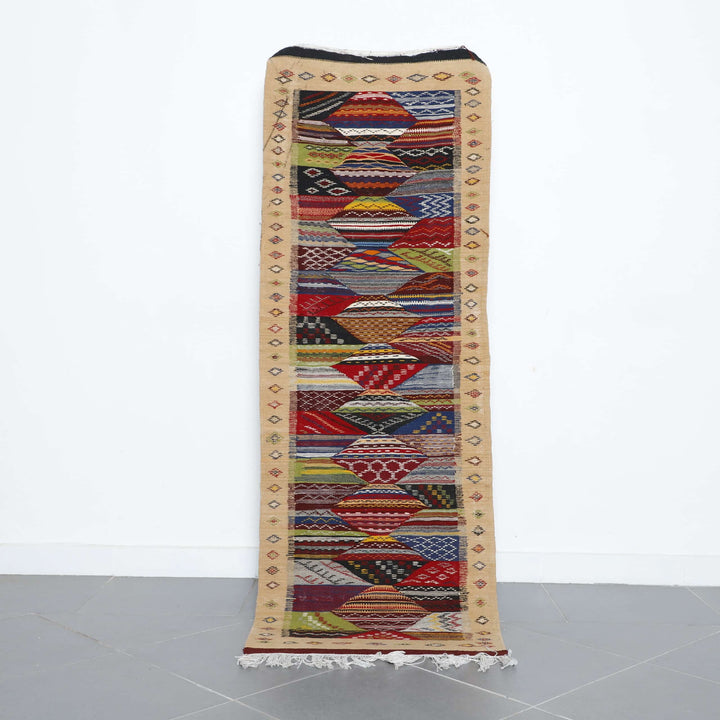Berber Carpet Kilim Picasso Runner 6.7×2.4 ft – Handmade Moroccan Wool Rug with Colorful Geometric Design