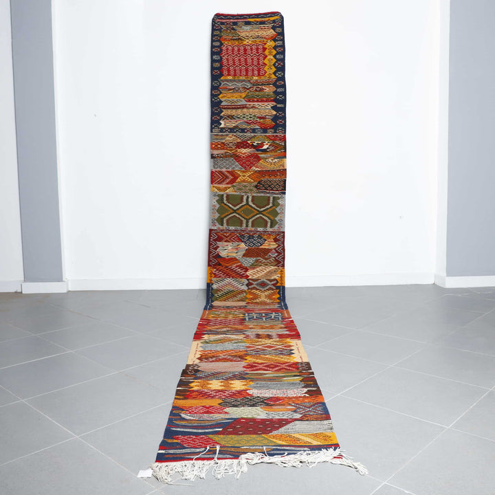 Berber Carpet Kilim Picasso Runner 16.7×2.2 ft – Handmade Moroccan Wool Runner with Artistic Geometric Design