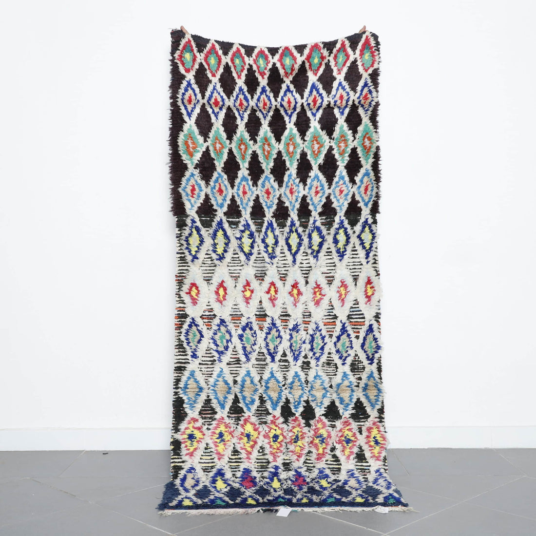 Boucherouite Rug 7.4×2.9 ft – Handmade Moroccan Colorful Rug in Geometric Diamond Pattern