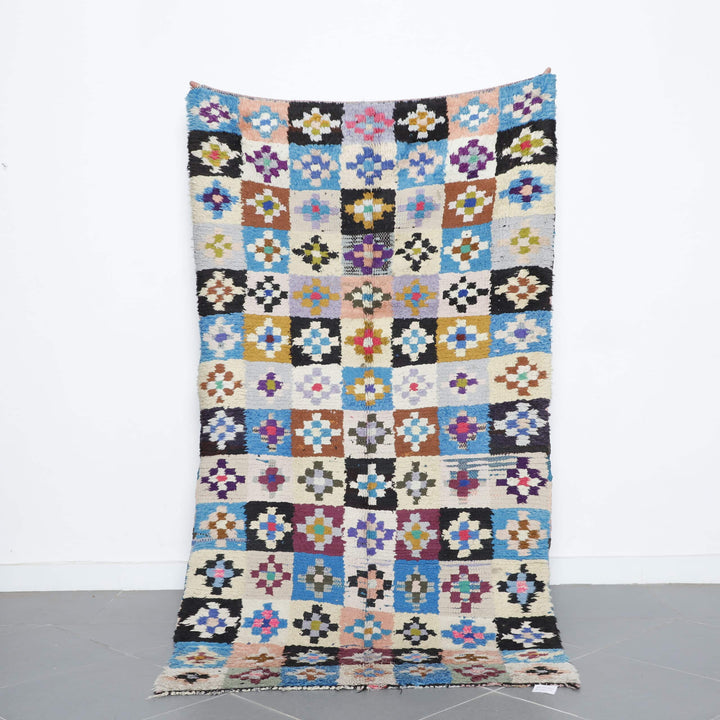 Colorful Moroccan Boucherouite Rug with Floral Checkerboard