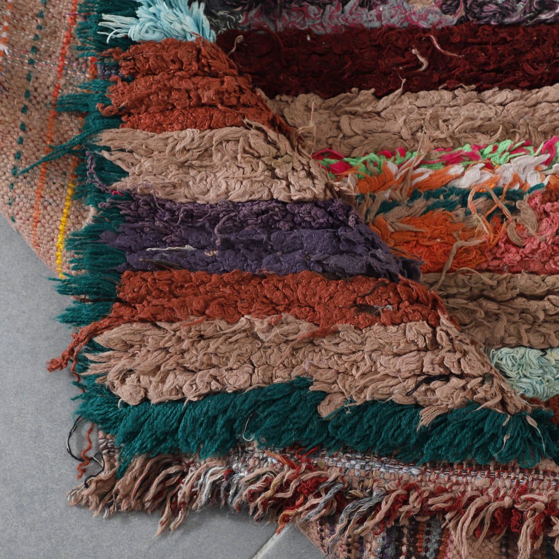 Boucherouite Rug 7.9×2.7 ft – Handmade Moroccan Striped Rug with Colorful Wool Design