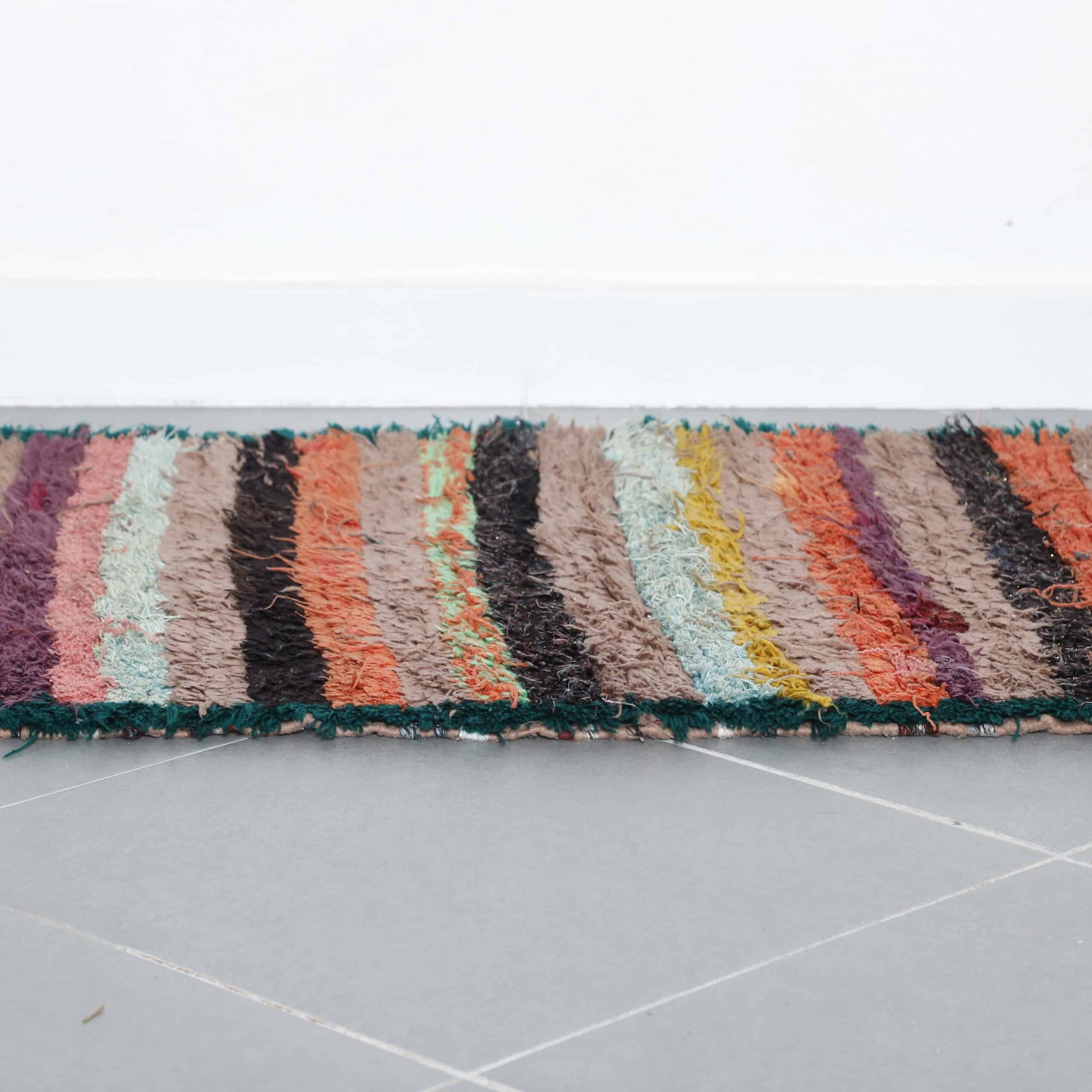 Boucherouite Rug 7.9×2.7 ft – Handmade Moroccan Striped Rug with Colorful Wool Design