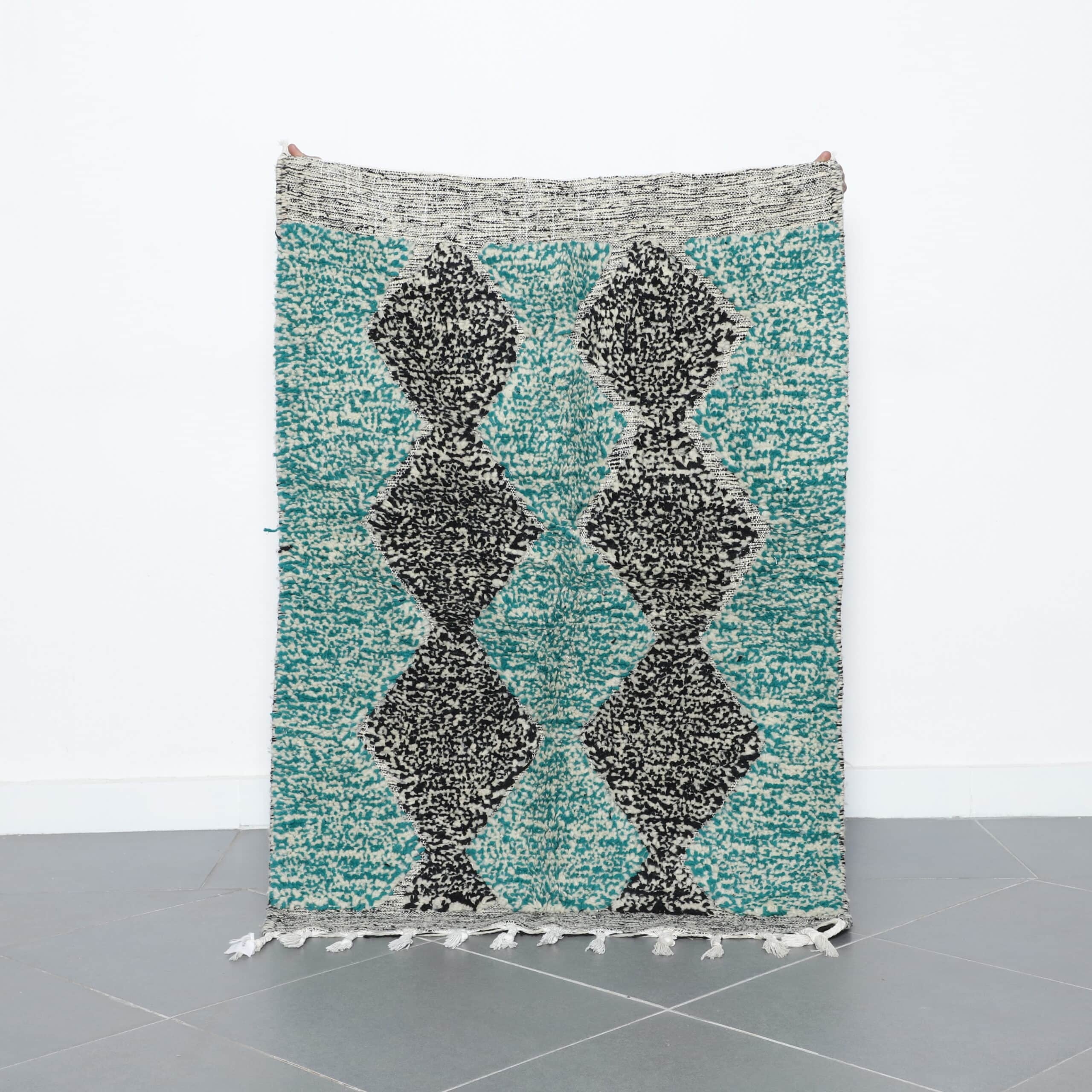 Handmade Moroccan Beni Ouarain Rug 143cm x 99cm – Turquoise Wool Berber Carpet