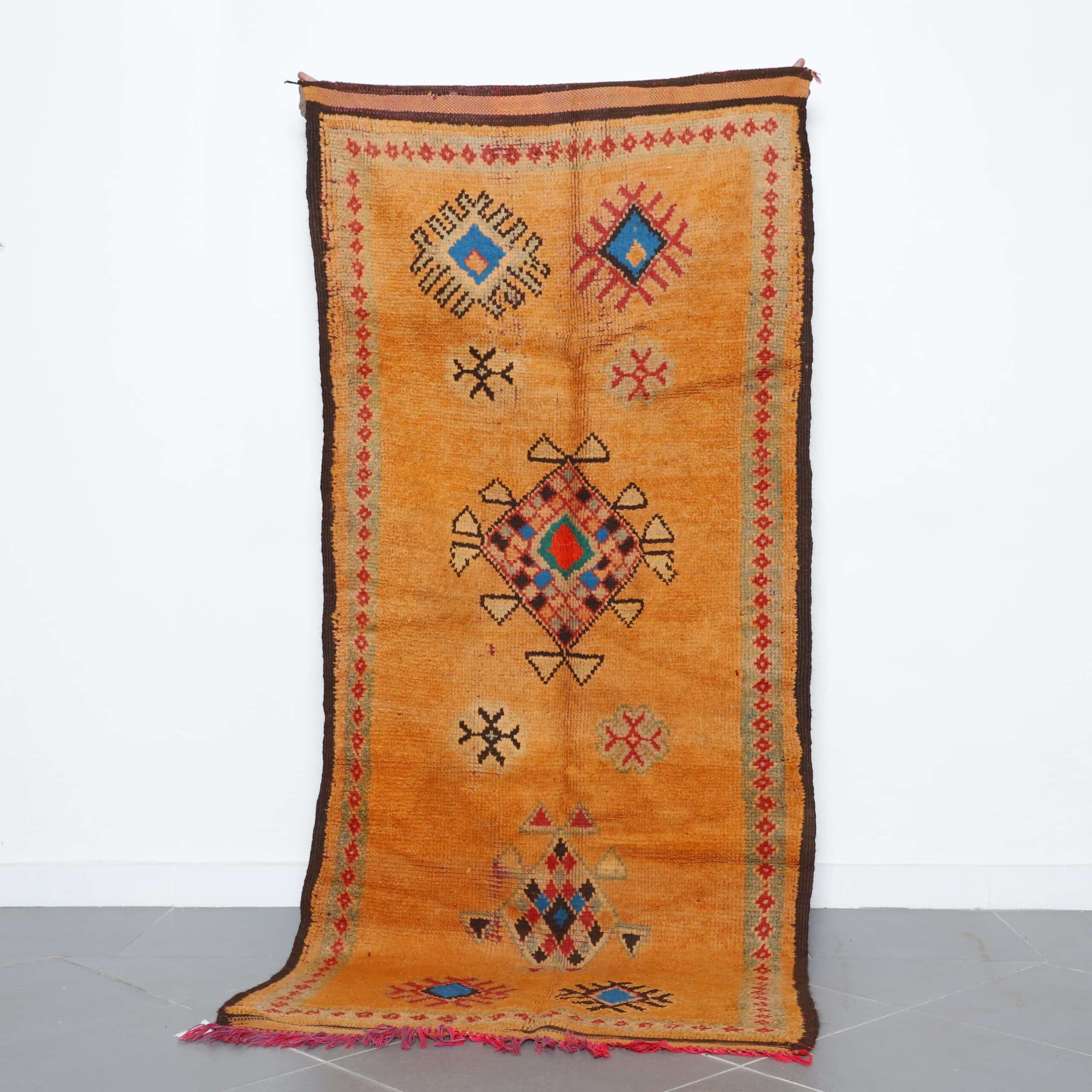 Handmade Moroccan Berber Rug 247cm x 110cm – Orange Wool Carpet with Tribal Patterns