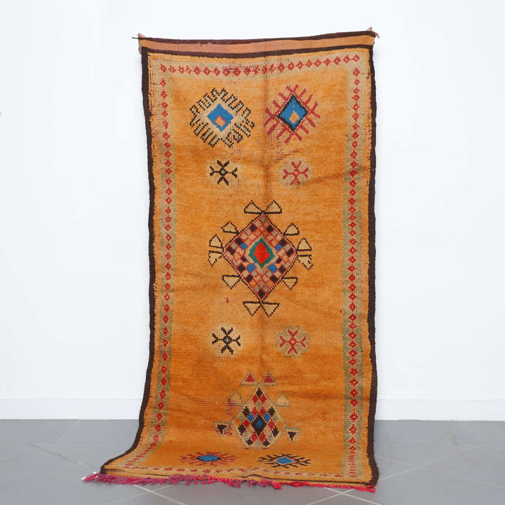 Handmade Moroccan Berber Rug 247cm x 110cm – Orange Wool Carpet with Tribal Patterns