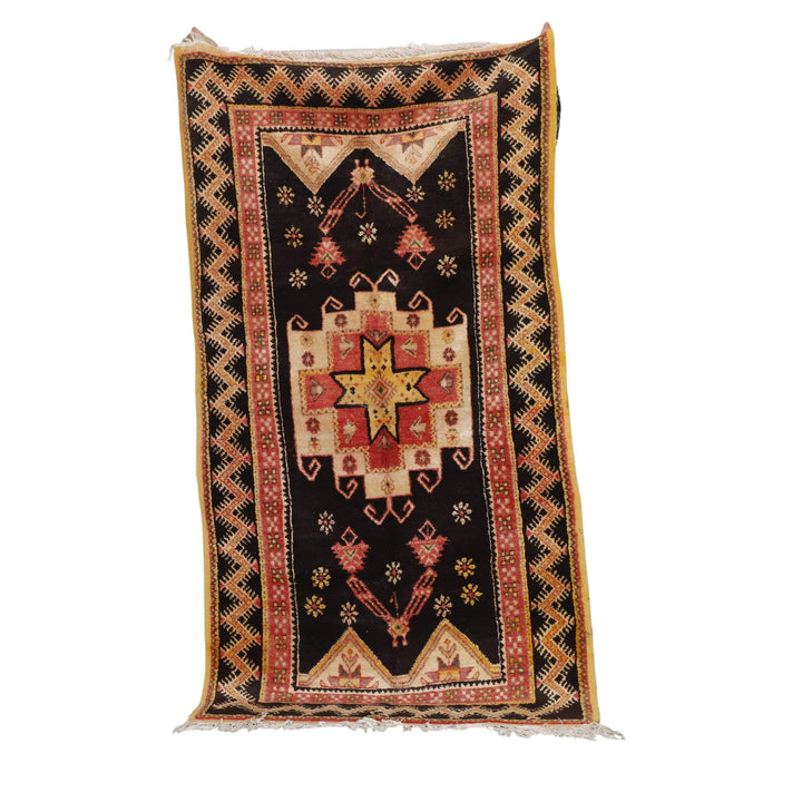Dark-Tone Moroccan Taznakht Vintage Rug 6.6×3.4 ft – Hand-Knot Wool, Tribal Medallion Design