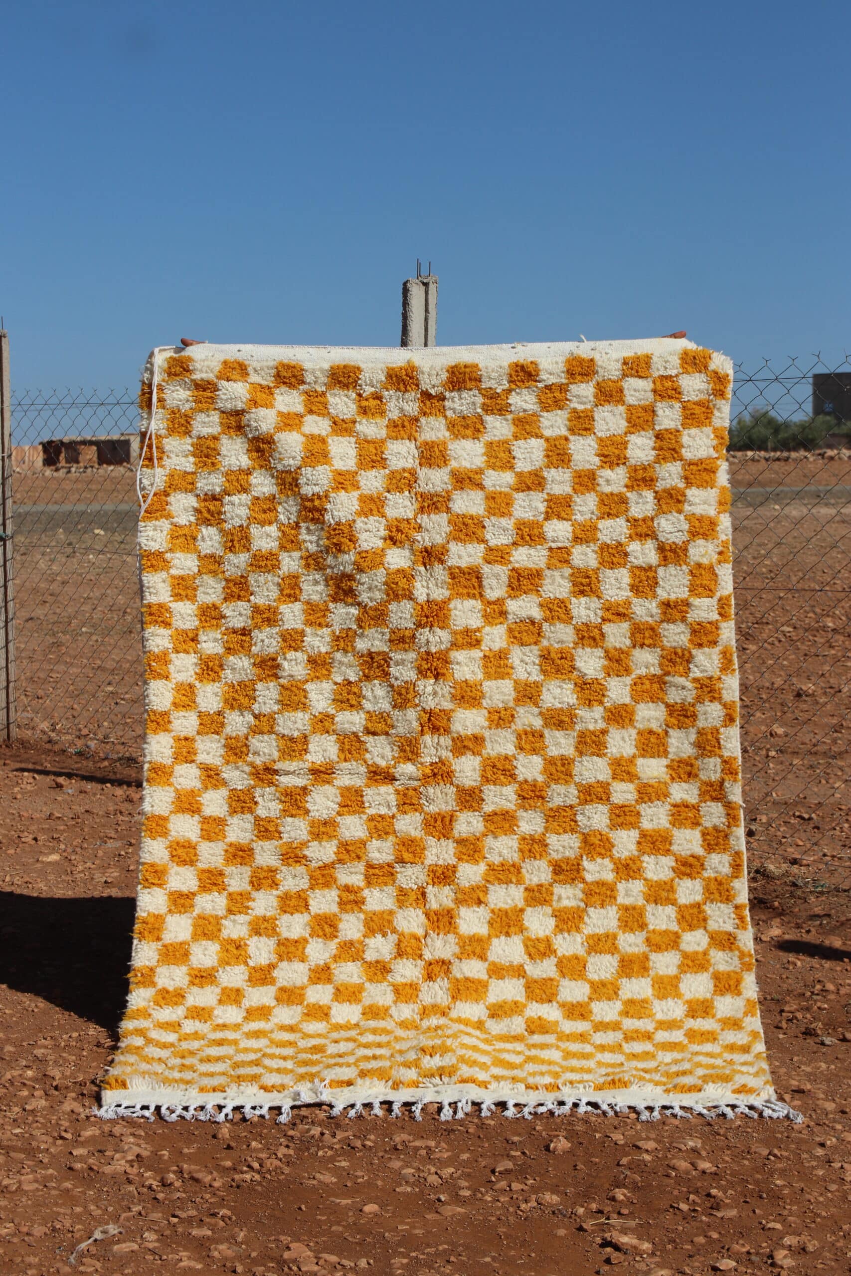 Handmade Moroccan Berber Yellow Checkered Rug