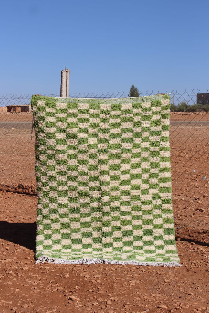 Handmade Moroccan Green Checkered Rug