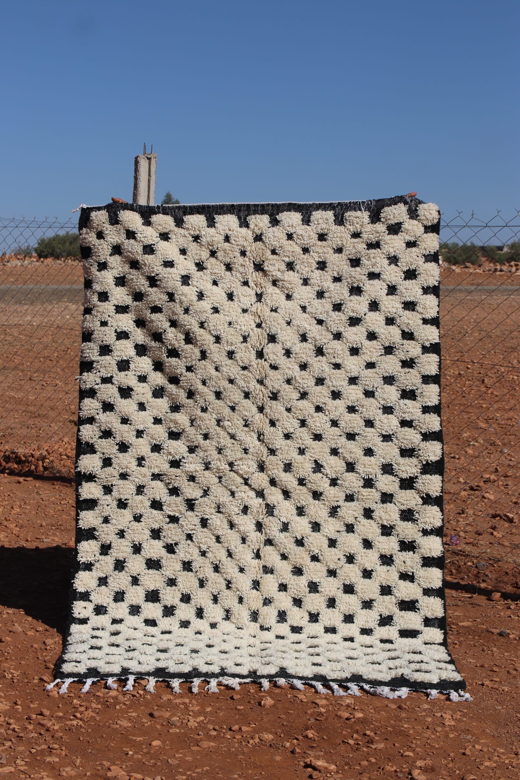 Handmade Moroccan Wool Black and White Checkered Rug