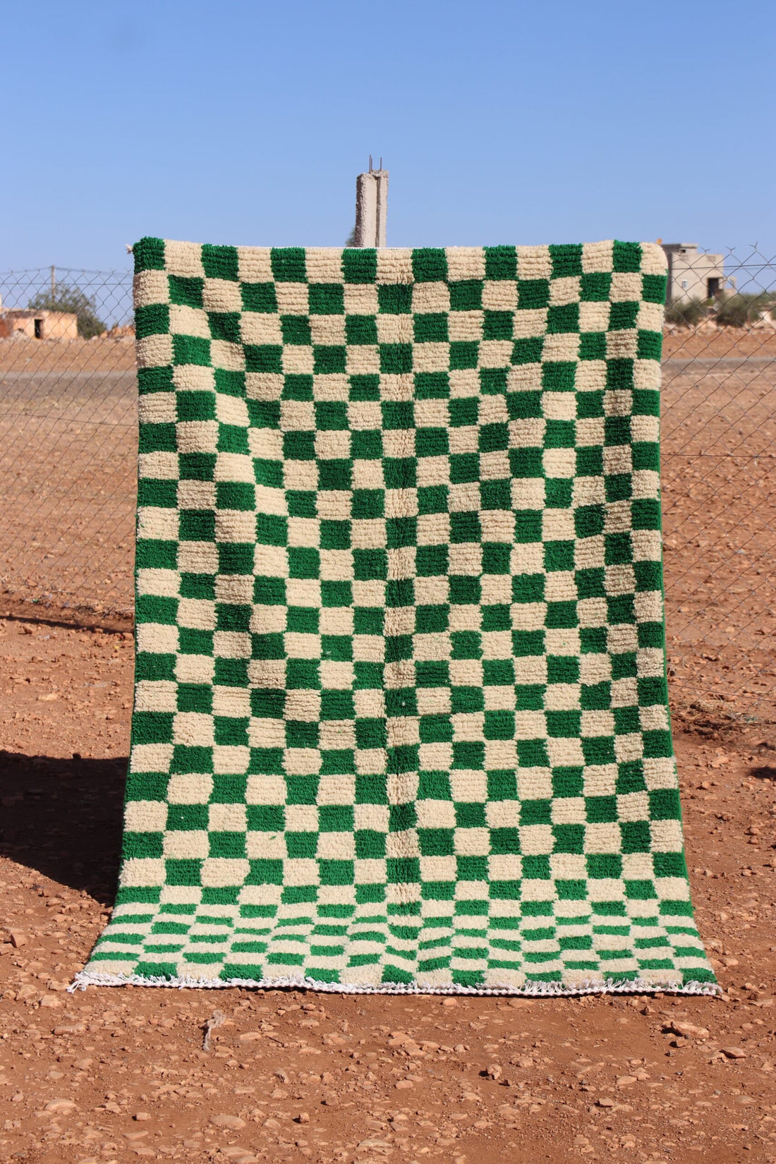 Handmade Moroccan Wool Green Checkered Rug