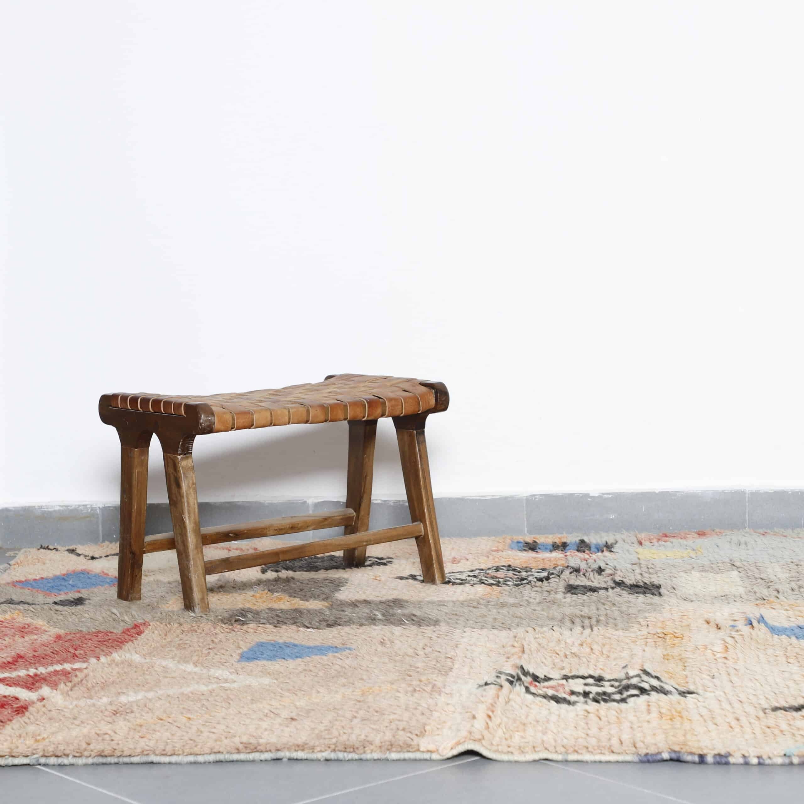 Handmade abstract Boujaad rug from Morocco featuring colorful geometric designs, 