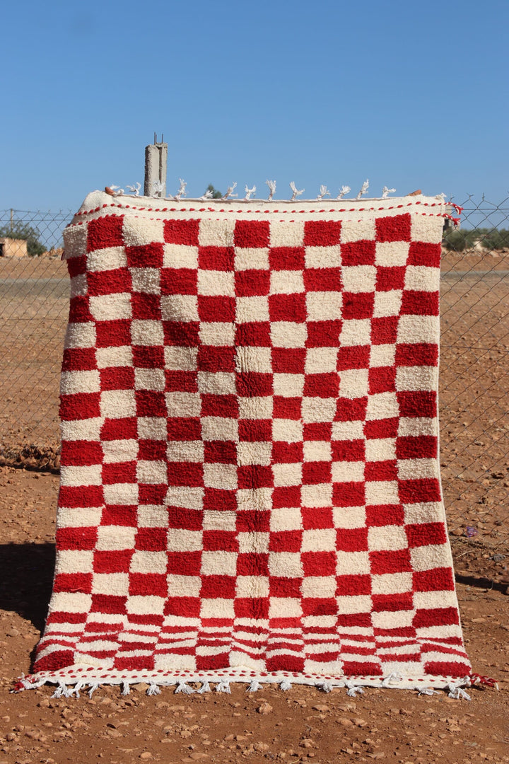 Colorful Red Moroccan Checkered Rug