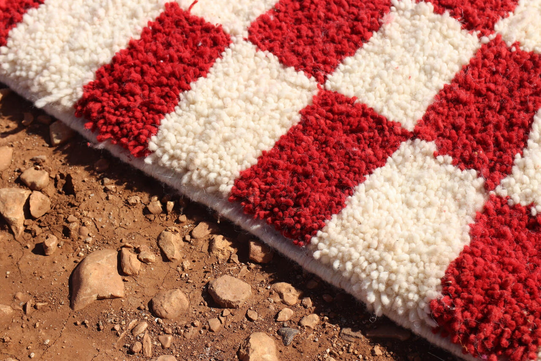 Colorful Red Moroccan Checkered Rug - image 4